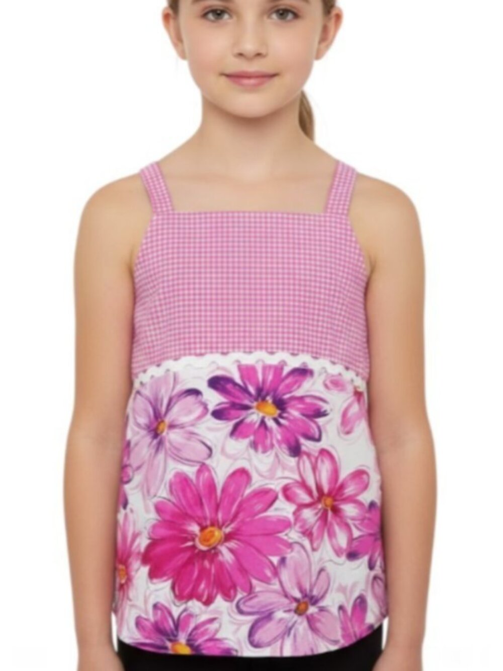 Sweet Potatoes Girls Tank Top 10-12 L Pink Gingham Floral Cotton Made in USA NEW